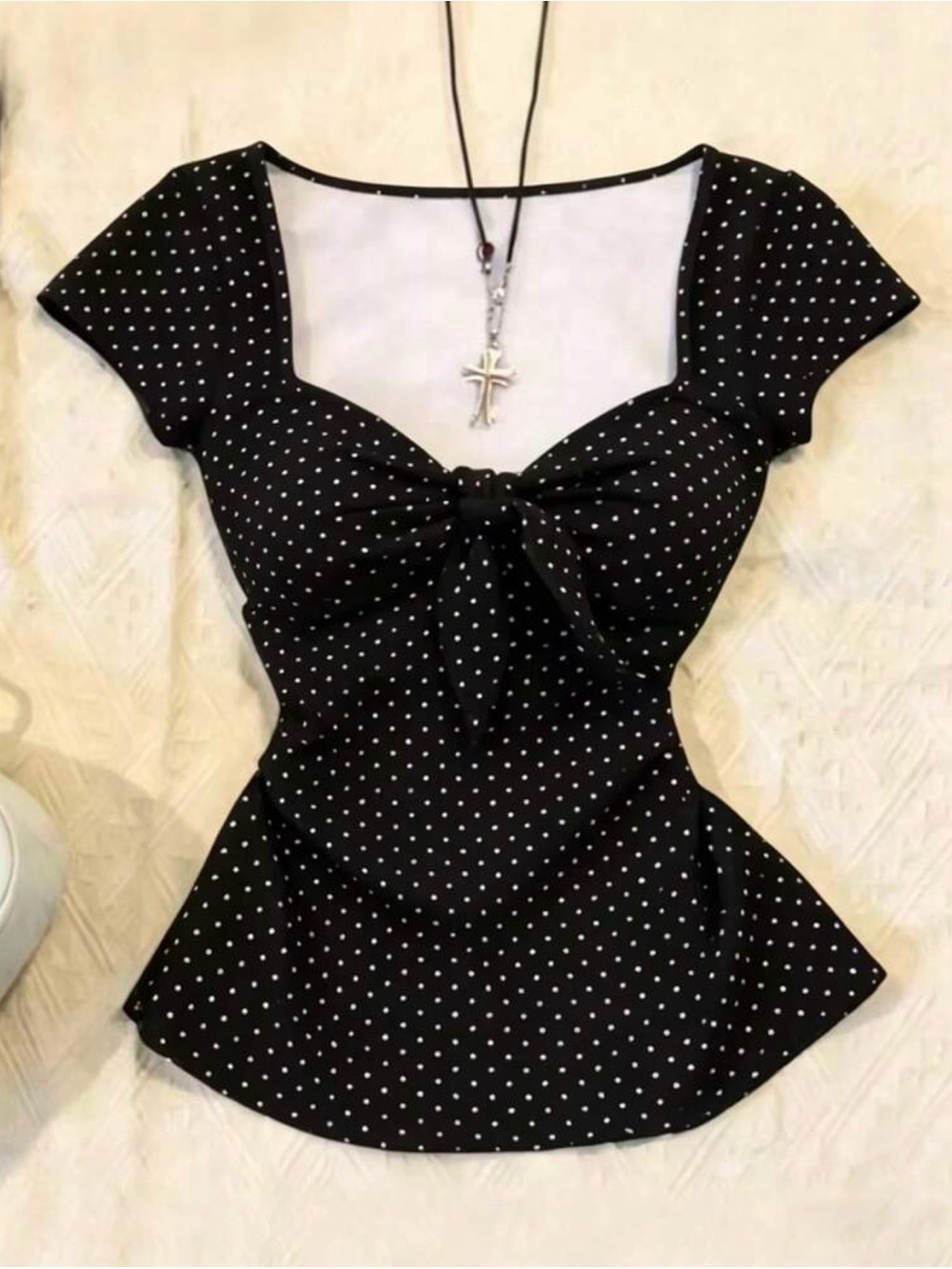 SHEIN Black Polka Dot Tie-Front Sweetheart Peplum Top